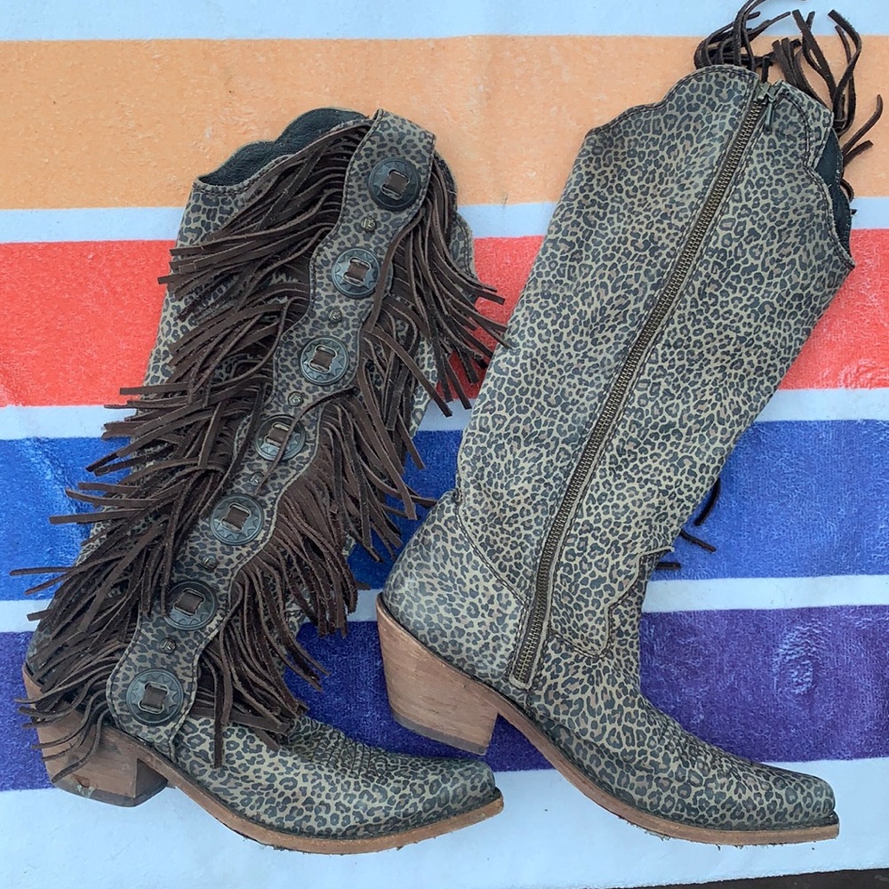 Liberty Black Cheetah print fringe Cowgirl Boots